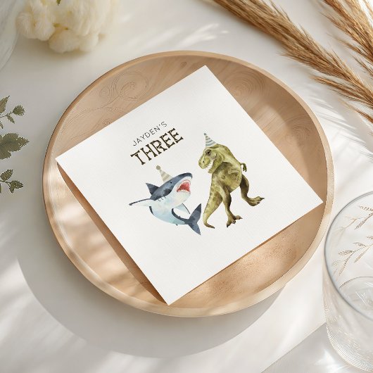 Shark & Dino 3rd Birthday, T-rex Shark Party  スタンダードカクテルナプキン