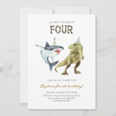 Shark & Dino 4th B'day Invite, T-rex Shark Party 招待状 (正面)