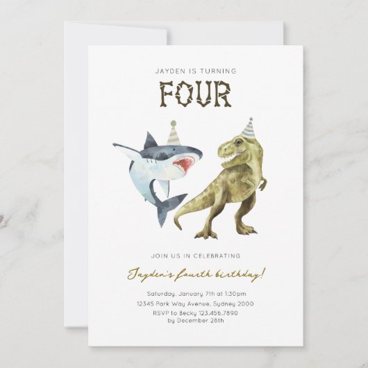 Shark & Dino 4th B'day Invite, T-rex Shark Party 招待状 (正面)