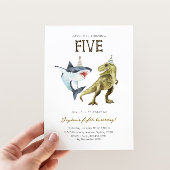 Shark & Dino 5th B'day Invite, T-rex Shark Party 招待状