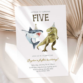 Shark & Dino 5th B'day Invite, T-rex Shark Party 招待状