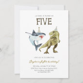 Shark & Dino 5th B'day Invite, T-rex Shark Party 招待状 (正面)