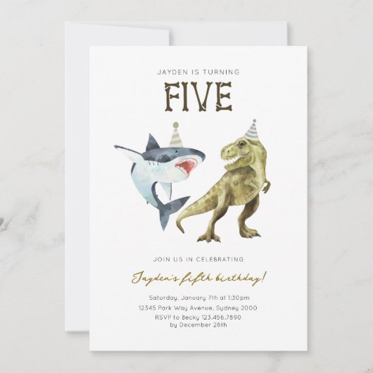 Shark & Dino 5th B'day Invite, T-rex Shark Party 招待状 (正面)