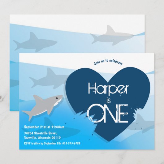 Shark First Birthday Partyへの招待 招待状 (正面/裏面)
