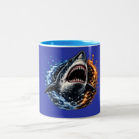 Shark Head Ocean Splash Design – Bold Marine Graph ツートーンマグカップ (中央)