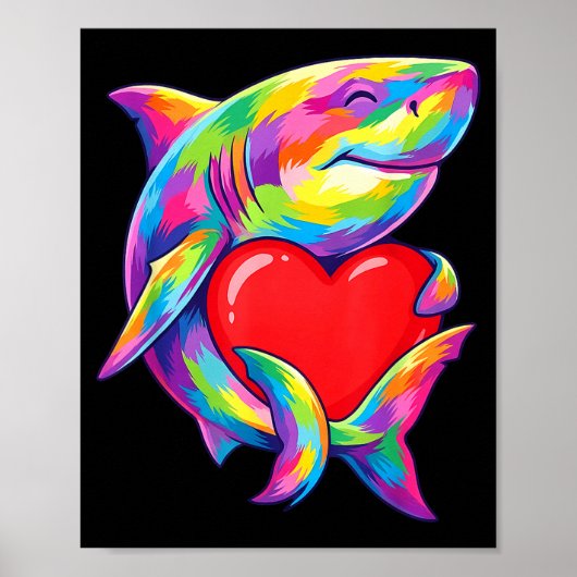 Shark Hugging Valentine Heart Color Critters Rainb ポスター (正面)