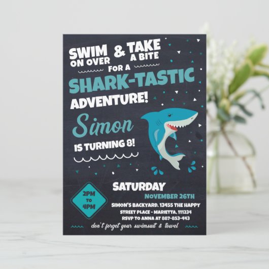 Shark Invitation for Birthday Pool Party Bite 招待状 (スタンド正面)