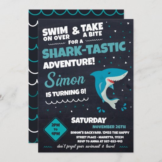 Shark Invitation for Birthday Pool Party Bite 招待状 (正面/裏面)