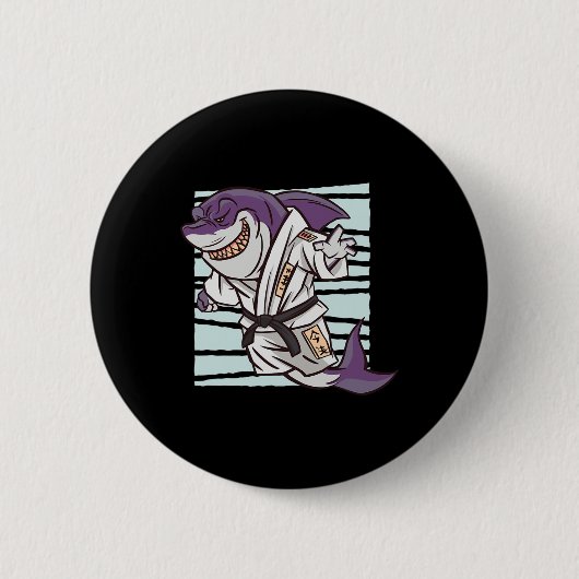 Shark Martial Arts Fighter Funny Karate Cartoon Gr 缶バッジ (正面)