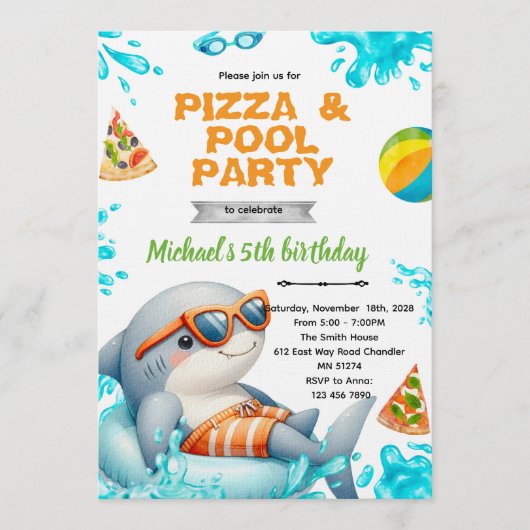 Shark Pool pizza Party Birthday Invite 招待状 (正面)