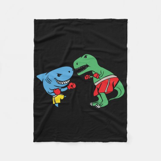 Shark Punching T-rex Dinosaur Funny Fighting Boxin フリースブランケット (正面)