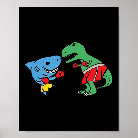 Shark Punching T-rex Dinosaur Funny Fighting Boxin ポスター (正面)