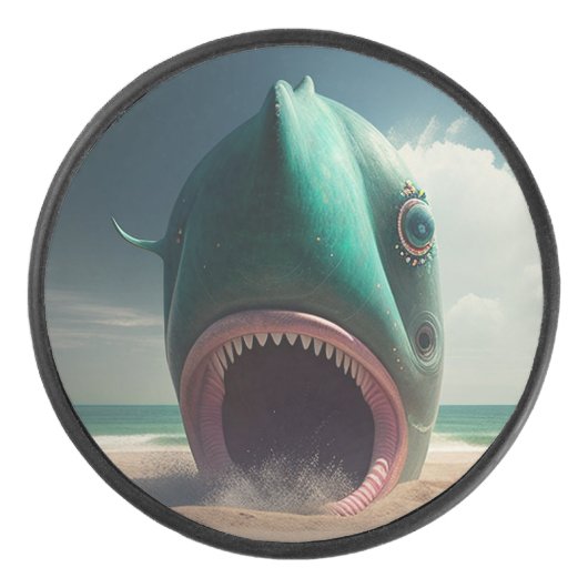 Shark sculpture on the beach アイスホッケーパック (正面)