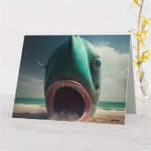 Shark sculpture on the beach カード (黄色い花)
