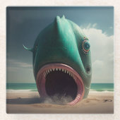 Shark sculpture on the beach ガラスコースター (正面)