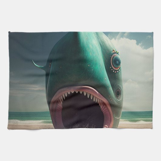 Shark sculpture on the beach キッチンタオル (横)