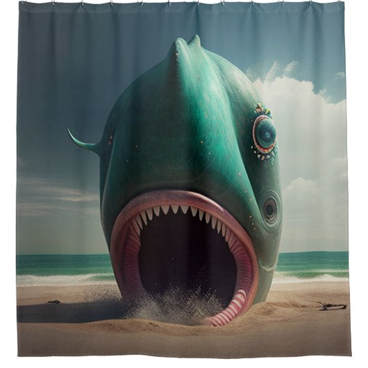 Shark sculpture on the beach シャワーカーテン (正面)