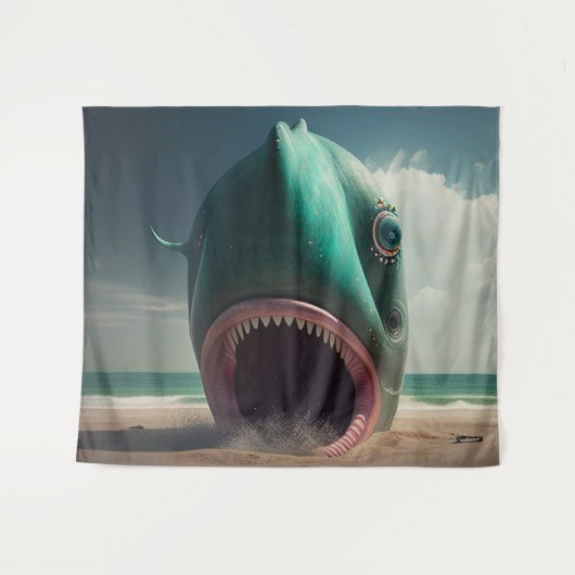 Shark sculpture on the beach タペストリー (正面(横))