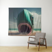 Shark sculpture on the beach タペストリー (インサイチュ(横))