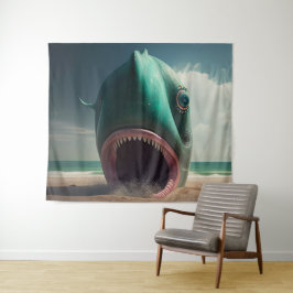Shark sculpture on the beach タペストリー