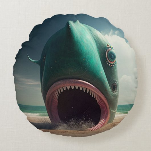 Shark sculpture on the beach ラウンドクッション (正面)