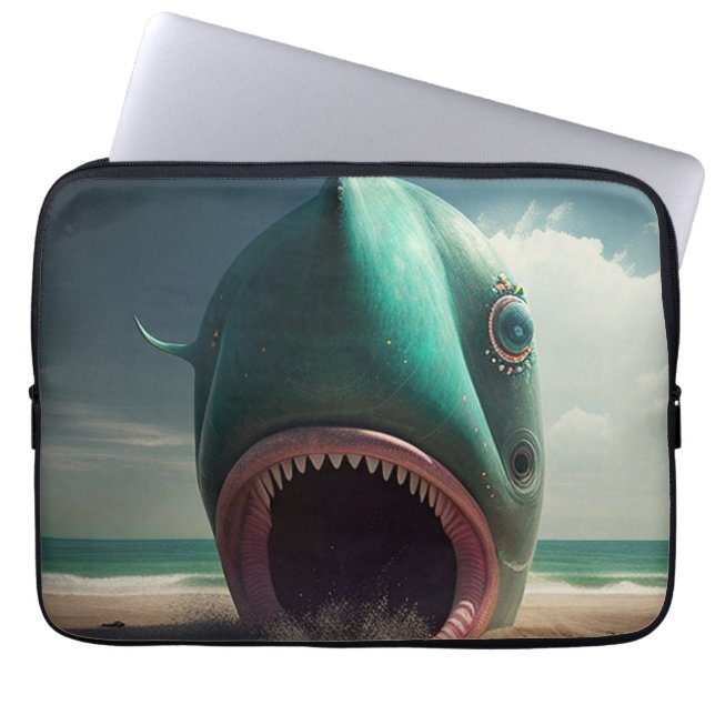 Shark sculpture on the beach ラップトップスリーブ (正面)