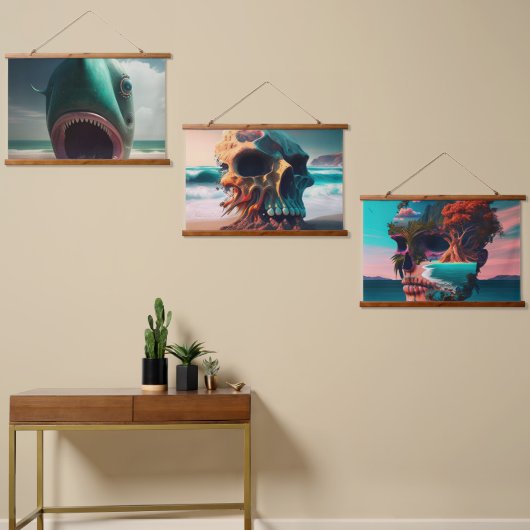 Shark sculpture on the beach 吊り下げ型タペストリー (非対称)