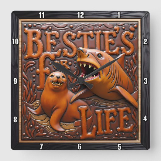 Shark Seal Brown Leather Carving スクエア壁時計 (正面)