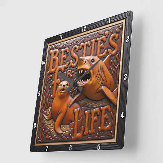 Shark Seal Brown Leather Carving スクエア壁時計 (傾斜)