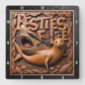 Shark Seal Playful Marine スクエア壁時計 (正面)