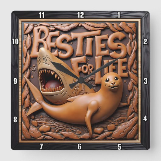 Shark Seal Playful Marine スクエア壁時計 (正面)