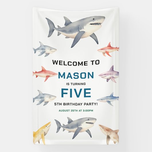 Shark Splash 5th Birthday | Cute Ocean Kids 横断幕 (縦)