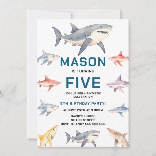 Shark Splash 5th Birthday Party | Cute Ocean Kids 招待状 (正面)