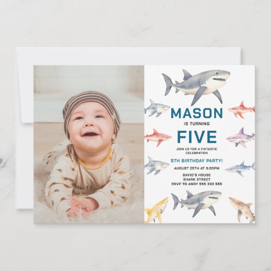 Shark Splash 5th Birthday Party | Cute Ocean Kids 招待状 (正面)