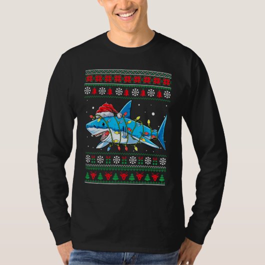 Shark Ugly Christmas Sweater Xmas Lights Family Ma Tシャツ (正面)