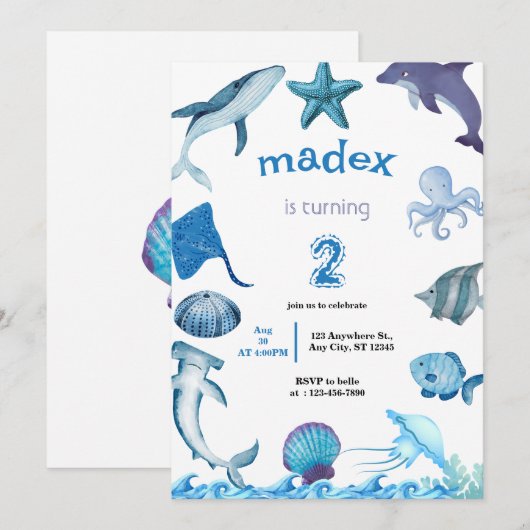 Shark Under the Sea Birthday Party 招待状 (正面/裏面)