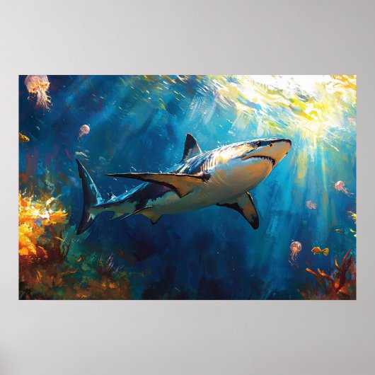 Shark Underwater Surrounded by Jellyfish ポスター (正面)