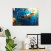 Shark Underwater Surrounded by Jellyfish ポスター (ホームオフィス)
