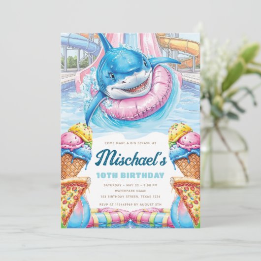 Shark Waterpark Fun Boys Pool Party Birthday 招待状 (スタンド正面)