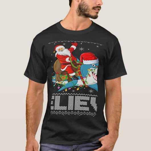 Shark Xmas Lighting Believe Ugly Santa Riding Shar Tシャツ (正面)