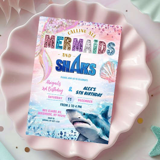 Sharks and Mermaids Joint Birthday invitation 招待状