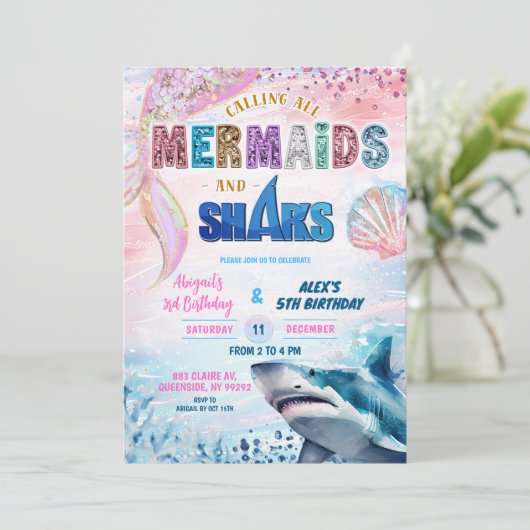 Sharks and Mermaids Joint Birthday invitation 招待状 (スタンド正面)