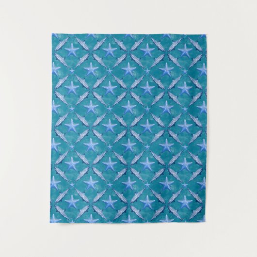 Sharks Starfish Ocean Life Nautical Coastal Blue タペストリー (正面)