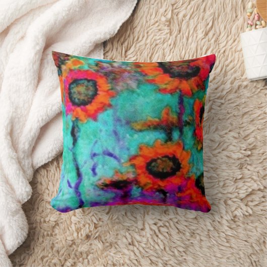 Sharles著オレンジヒマワリのターコイズの枕 クッション (ブランケット)
