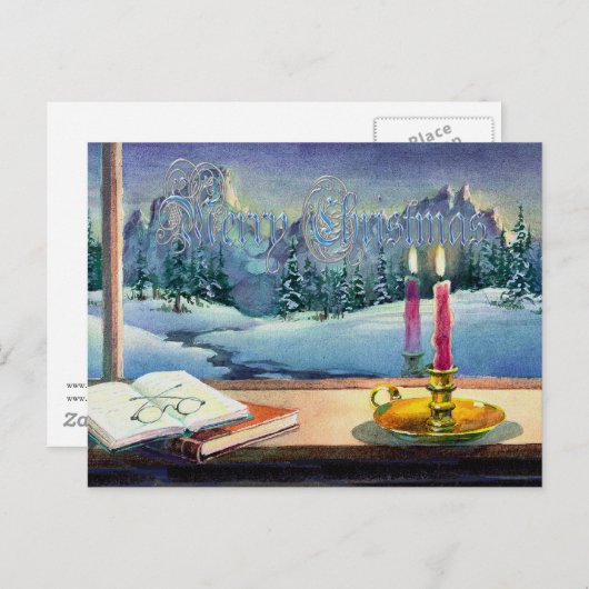 SHARON SHARPEによるメリークリスマスブックス&キャンドル シーズンポストカード (正面/裏面)