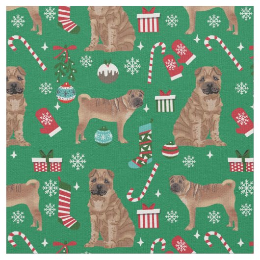 sharpei dogクリスマスホリデー ファブリック (クローズアップ)