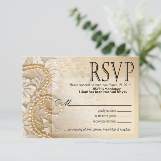 Shaylaの真珠およびレースRSVP- 2% pipe%の卵の殼 出欠カード (スタンド正面)