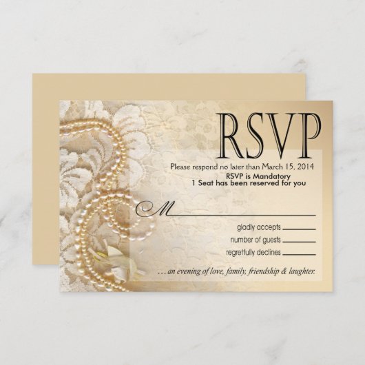 Shaylaの真珠およびレースRSVP- 2% pipe%の卵の殼 出欠カード (正面/裏面)