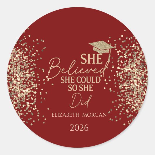  She Believed Gold Glitter Grad Cap,Dots Red ラウンドシール (正面)