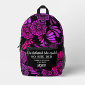 She Believed She Could Black Magenta Flower Floral プリントバックパック (正面)